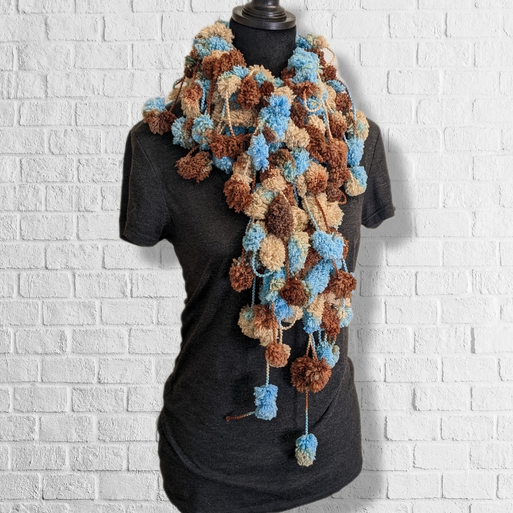 Handmade Fluffy Scarf by me!! Super Soft Puff Balls Aqua Brown Tan Silver